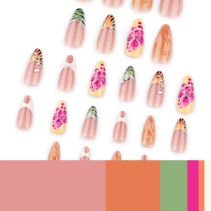 Faux ongles amande courte avec motifs floraux 3D et imprimés léopard français