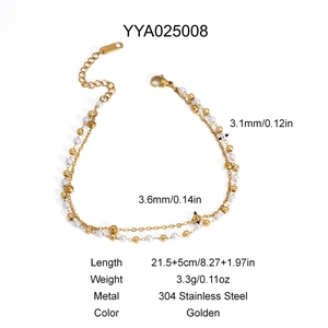 Detailed specs of double-layer stainless steel anklet with gold beads and white pearls