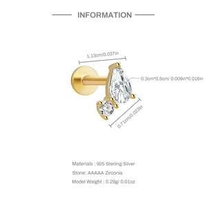 Detailed size specifications for sterling silver heart cartilage piercing with zirconia
