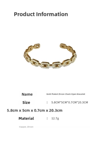Detailed view of gold plated chain bracelet with zirconia inlays and sizing parameters