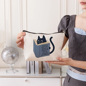 Pochette per cosmetici in tela con stampa gatto e libri, borsa con cerniera donna