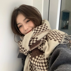 Brown and beige checkerboard cashmere-feel scarf with fringes for winter warmth