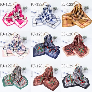 Collage of nine 90cm satin square scarves with colorful geometric plaid prints