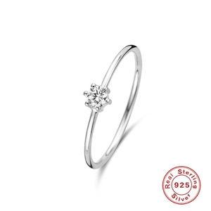 Classic 925 sterling silver engagement ring featuring a clear six-prong round stone