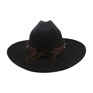 Detail of black wool felt cowboy hat with brown leather band and turquoise bead accents