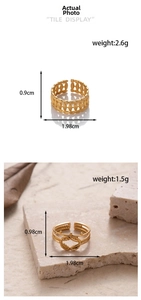 Detail showing gold leaf and knot design rings with measurements and woven mesh textures