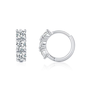 S925 sterling silver hoop earrings with three round moissanite stones and a polished finish