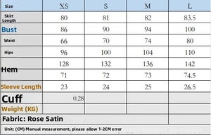 Tableau des tailles détaillé pour robe en satin à col bénitier avec mesures en cm