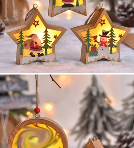 Detail of wooden LED Christmas ornaments showing Santa and Snowman with warm light