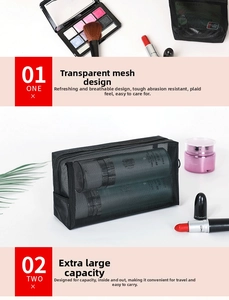 Detail view of large capacity black nylon mesh makeup bag with smooth zipper closure