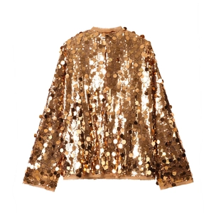 Back view of a glamorous gold sequin jacket featuring long sleeves and sparkling texture