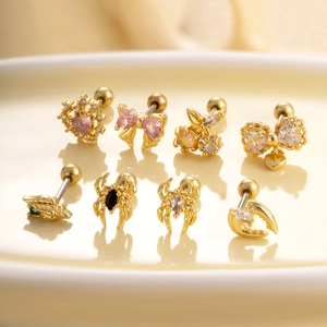 Set of 8 gold heart bow and spider cartilage studs with colorful zircon inlays