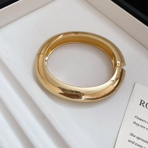 Detailed macro view of the gold oval bangle showing a polished finish and hinged clasp