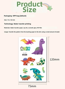 Detailed dimension guide for glitter dinosaur temporary tattoos with cartoon dino patterns