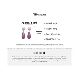 Detail view of purple acrylic teardrop earrings showing silver needle and 5.5cm dimensions