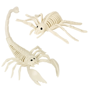 Realistic plastic animal skeletons of a scorpion and spider for Halloween decor