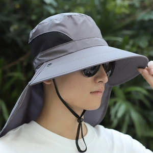 Outdoor grey sun hat with wide brim and neck flap for fishing and hiking activities