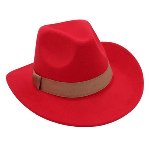 Detail eines roten Cowboyhuts aus Wollfilz mit breiter Krempe und braunem Hutband