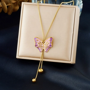 Butterfly Pendant Necklace Gold Plated Stainless Steel Purple Pink Gradient Enamel Tassel Beads Elegant Jewelry For Women