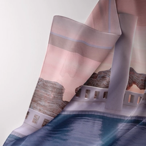 Close-up of bohemian silk landscape tapestry showing fine texture and digital print