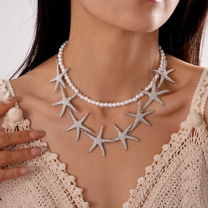 Two-layer faux pearl beaded necklace set with sparkling starfish charms for a beach vacation