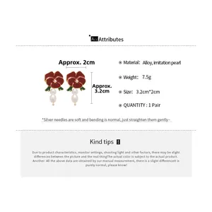 Detail view of rose flower earrings with gradient pearls and silver pins, 3.2cm length