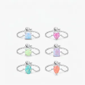 925 Sterling Silver Opal Ring Adjustable Chain Sliding Bead Minimalist Jewelry For Women Colorful Multi Shapes