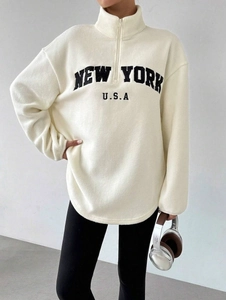 Sweatshirt Femme En Polaire Demi Fermeture Éclair Broderie Lettres Manches Longues Surdimensionné Coton Polyester Haut
