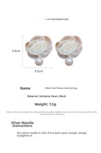 Detailed view of lace flower and pearl earrings with 3.8cm height and 3.2cm width