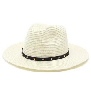 Straw Panama hat in cream white with studded black decorative band for sun protection
