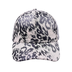 Detail of leopard print baseball cap featuring high-quality PU leather and metal logo buckle