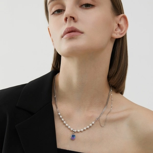 S925 silver necklace with pearls, metal chain, and a rectangular purple gemstone pendant