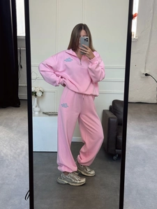 Tenues Décontractées Femme Sweat À Demi-Zippé Et Pantalon Large En Coton Taille Haute Broderie Couleur Unie Ample