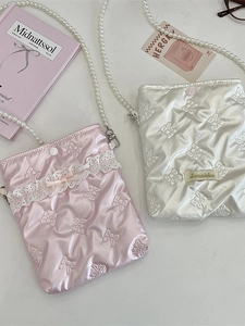 Mini borsa a tracolla in PU con fiocco 3D, pizzo e catena di perle molto elegante