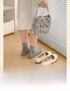 Sweet Japanese style light grey ribbon bow socks with cream Mary Jane shoes and silver bag