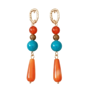Ethnic bohemian drop earrings with multilayered colorful beads and golden textured rings