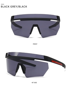 Front and side views of black oversized shield sunglasses with grey lenses for sports