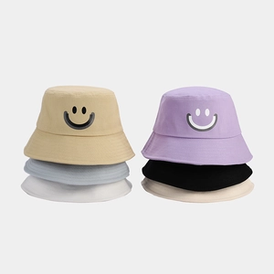 Bucket Hat Cotton Smile Face Print Outdoor Summer Sun Protection Casual Street Style Flat Top Fisherman Cap