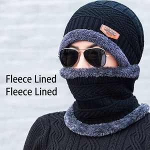 Men's winter knit beanie hat and neck warmer set with thick fleece lining in dark black