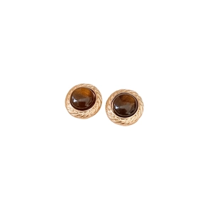 Retro round resin earrings in dark brown with gold textured edges on white background