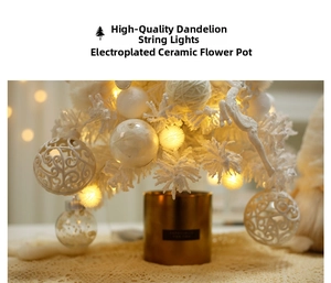 Detail of warm LED dandelion string lights in a golden ceramic pot with festive decor