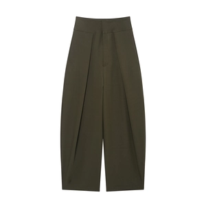 Women High Waist Wide Leg Pants Solid Color Pleated Loose Casual Office Trousers Deep Olive Polyester