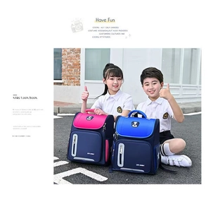 Detail of lightweight kids backpacks with reflective safety strips and bear emblem