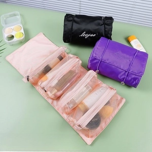 Foldable cosmetic organizer with four detachable mesh pockets in various colors