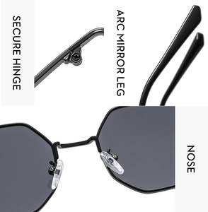 Detail of secure metal hinges, arc mirror legs, and silicone nose pads on sunglasses