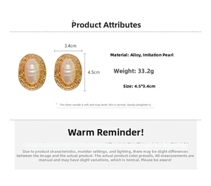 Detailed view of vintage gold textured oval earrings with pearl inlays and dimensions