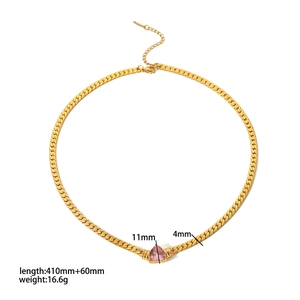 Flat lay of 18k gold plated necklace with pink teardrop zircon and dimension labels
