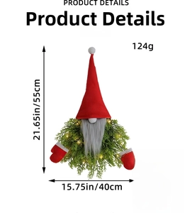 Detailed view of LED lighted Christmas gnome wreath showing height and width dimensions