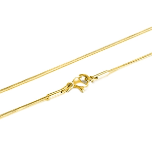 Detailed close-up of the lobster clasp and smooth 1.5mm gold-plated snake chain texture