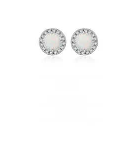 Detailed view of silver halo opal stud earrings with shimmering white cubic zirconia accents